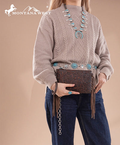 Montana West Floral Embossed Fringe Crossbody Clutch