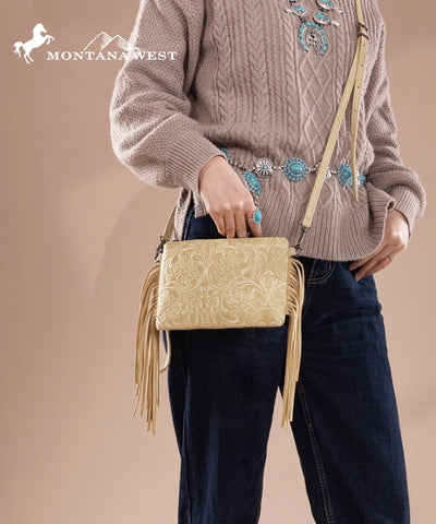 Montana West Floral Embossed Fringe Crossbody Clutch