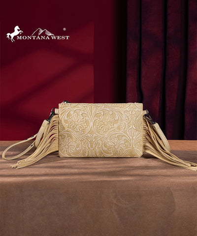 Montana West Floral Embossed Fringe Crossbody Clutch