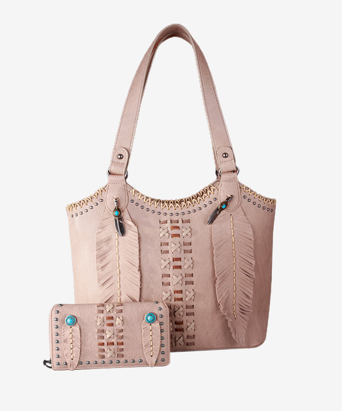 Montana West Feather Whipstitch Tote Bag Set - Montana West World