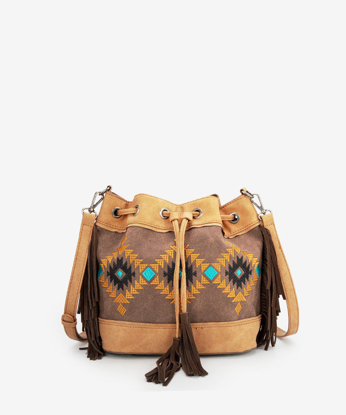 Montana West Aztec Fringe Bucket Bag