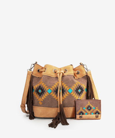 Montana West Aztec Fringe Bucket Bag Set