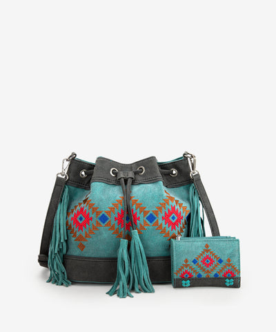 Montana West Aztec Fringe Bucket Bag Set