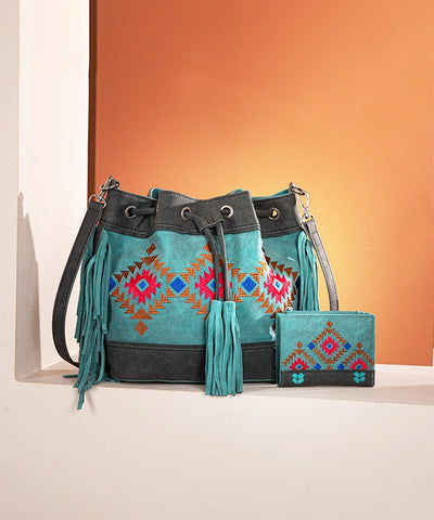 Montana West Aztec Fringe Bucket Bag Set