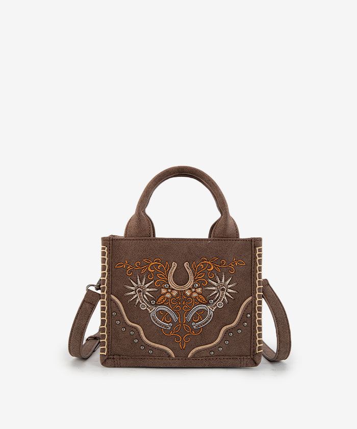 Montana West embroidered crossbody bag in Coffee — synthetic leather with Western horseshoe and floral embroidery  