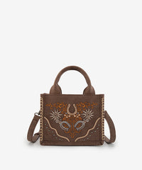 Montana West embroidered crossbody bag in Coffee — synthetic leather with Western horseshoe and floral embroidery  