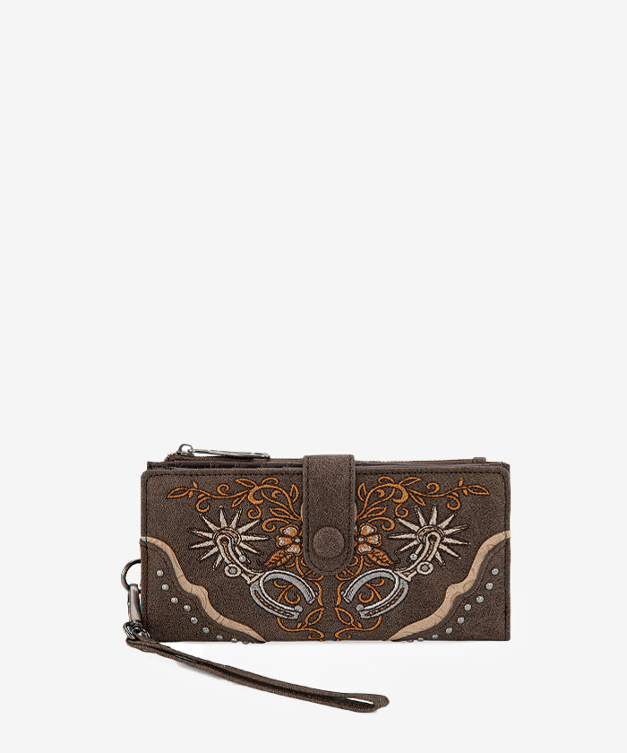 Montana West embroidered wallet in Coffee — Western-style stitching, zip closure, RFID protection  