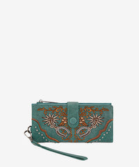 Montana West embroidered wallet in Turquoise — Synthetic leather with floral embroidery and wrist strap  