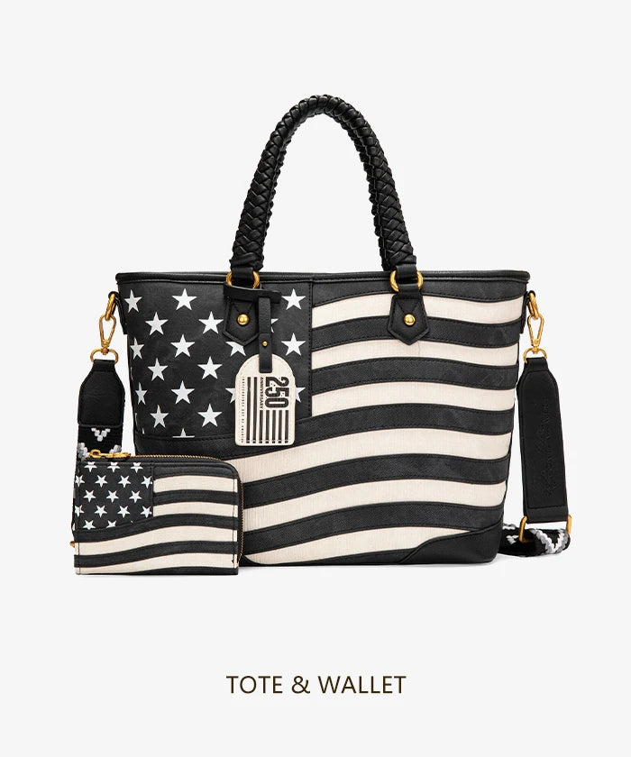 Montana West Vintage American Flag Tote Bag Set in black