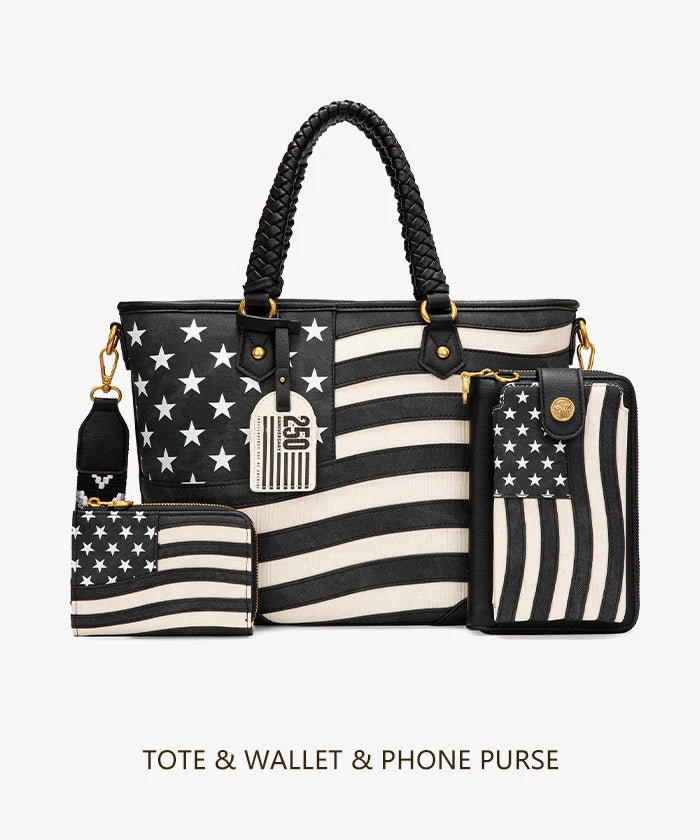Montana West Vintage American Flag Tote Bag Set in black