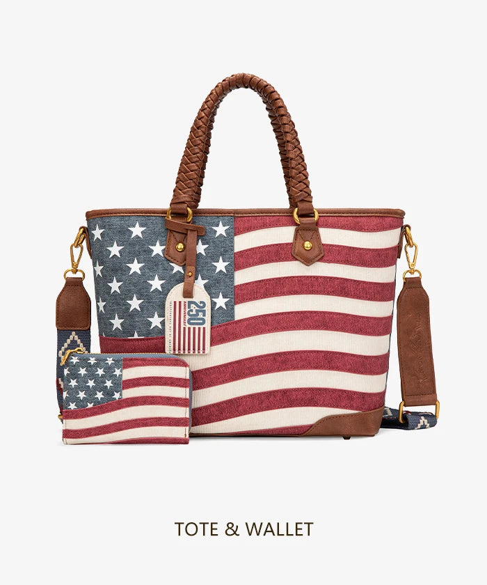 Montana West Vintage American Flag Tote Bag Set in JN