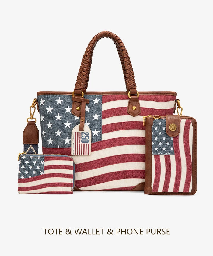 Montana West Vintage American Flag Tote Bag Set in JN