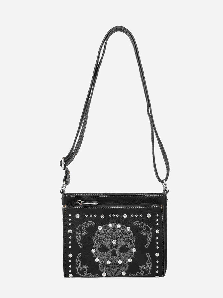 Sugar Skull Punk Handbag Studs Drawstring Magnetic Snap Closure Concealed Carry Purse Women Shoulder Bag Wallet Tote offers Handbag