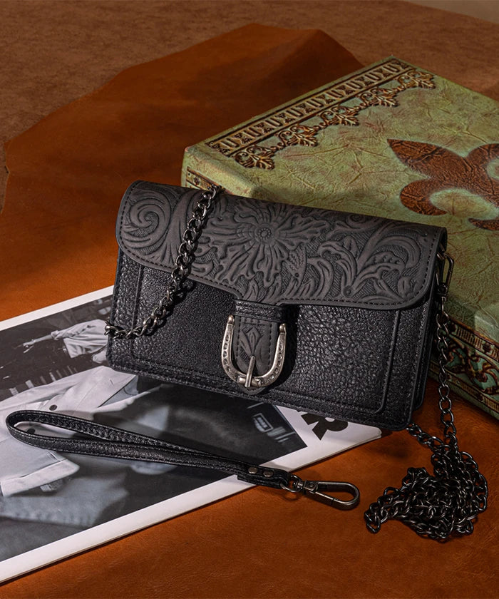 Montana West Floral Tooled Leather Crossbody in Black