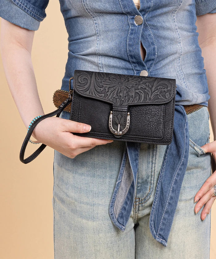 Montana West Floral Tooled Leather Crossbody in Black