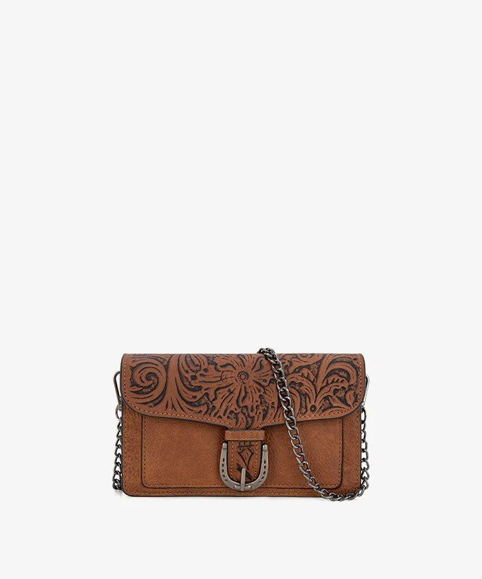 Montana West Floral Tooled Leather Crossbody in Brown