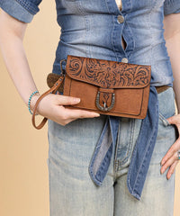 Montana West Floral Tooled Leather Crossbody in Brown