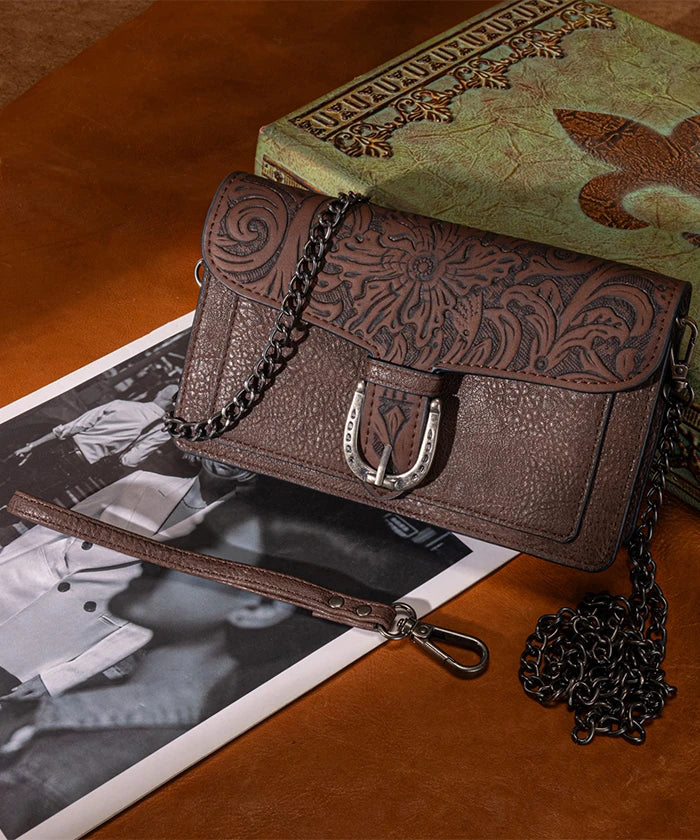 Montana West Floral Tooled Leather Crossbody in Coffee