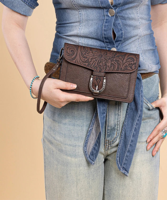 Montana West Floral Tooled Leather Crossbody in Coffee