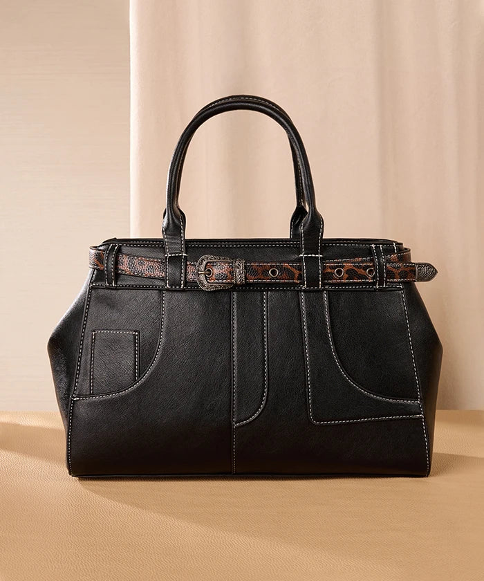 Montana West Leopard Trim Belted Tote in BK