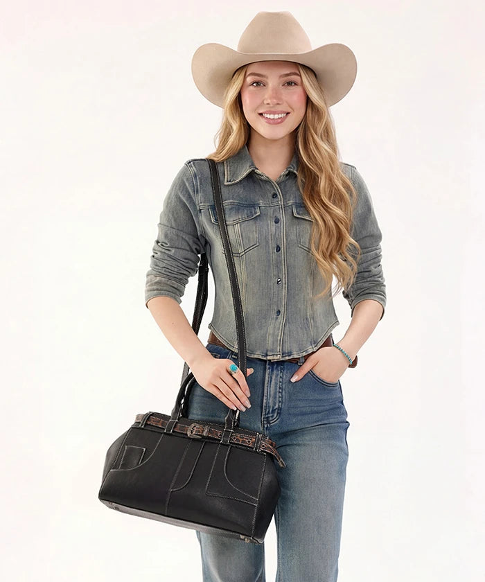 Montana West Leopard Trim Belted Tote in BK
