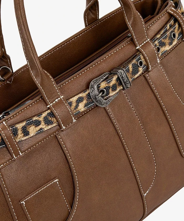 Montana West Leopard Trim Belted Tote in BR