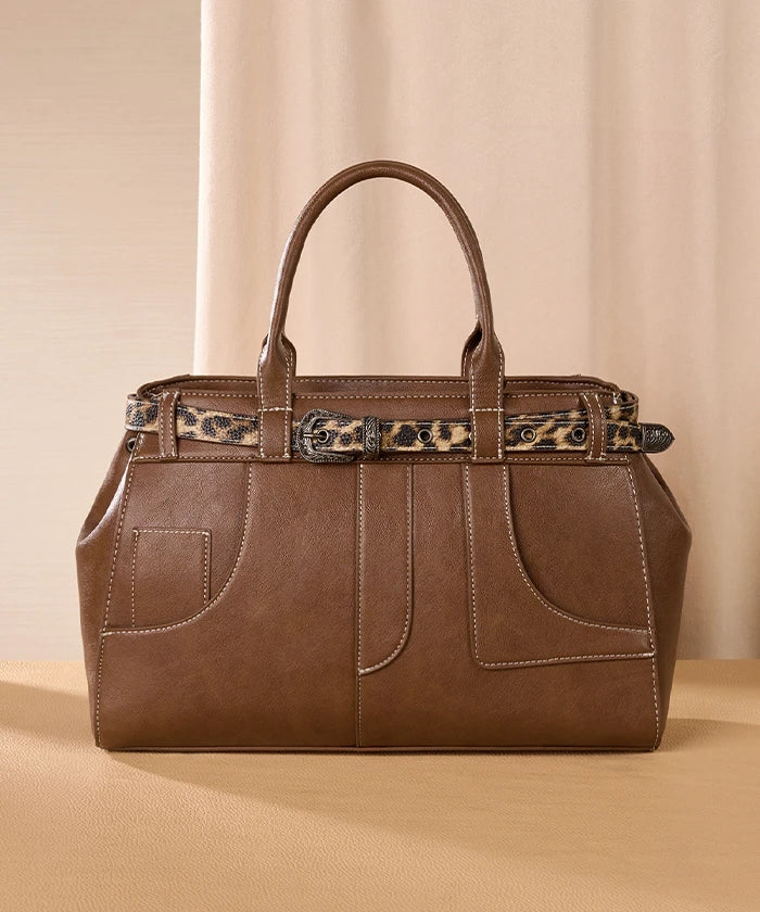 Montana West Leopard Trim Belted Tote in BR