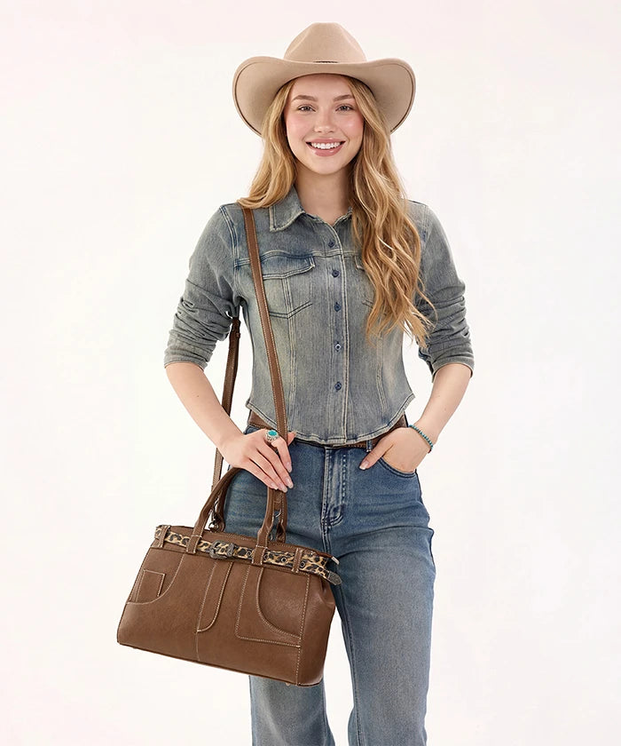Montana West Leopard Trim Belted Tote in BR