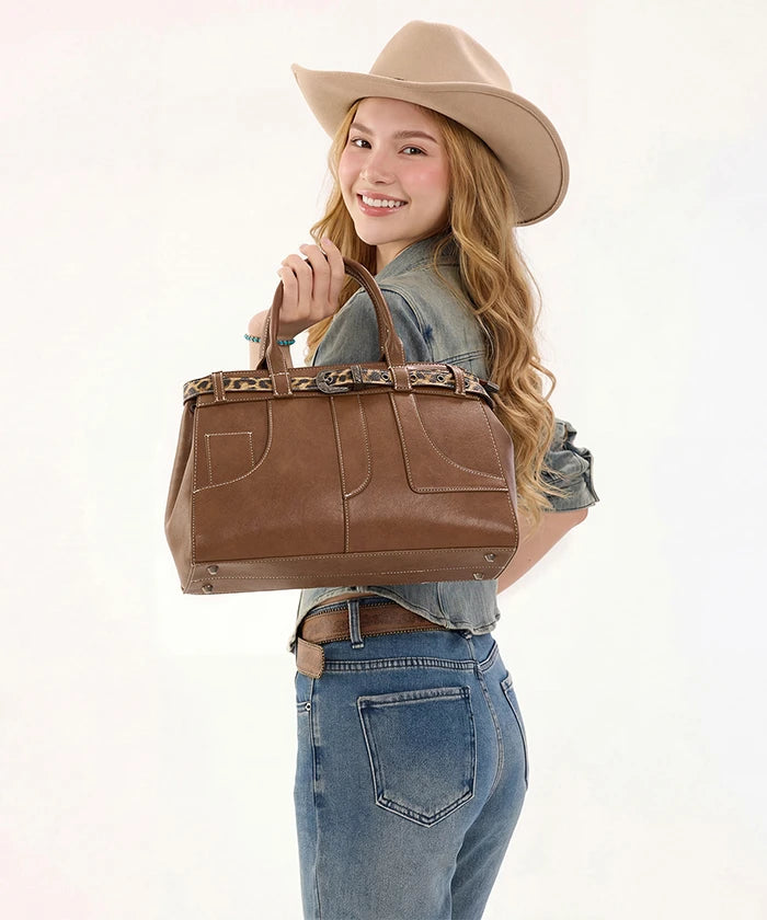 Montana West Leopard Trim Belted Tote in BR