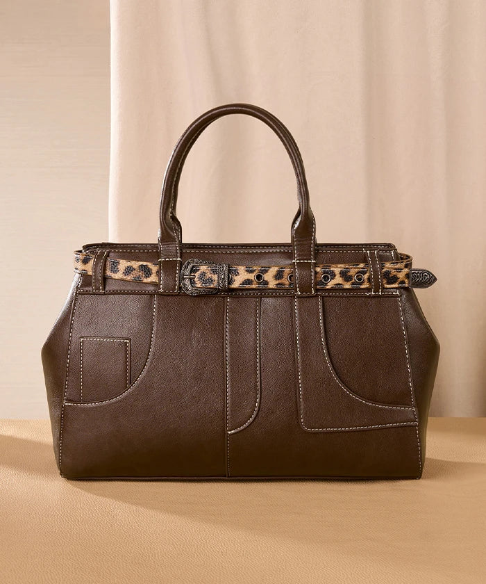Montana West Leopard Trim Belted Tote in CF