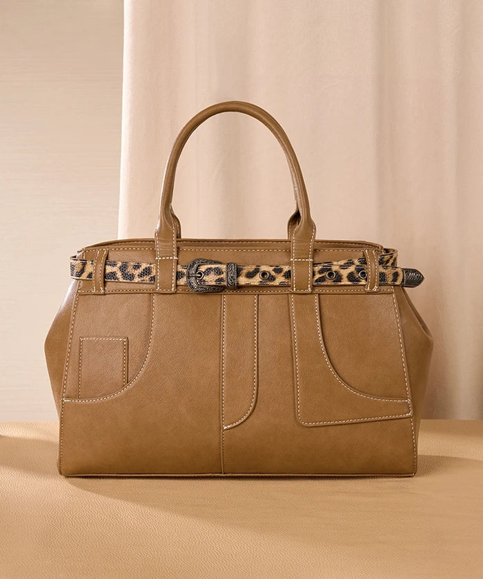 Montana West Leopard Trim Belted Tote in KH