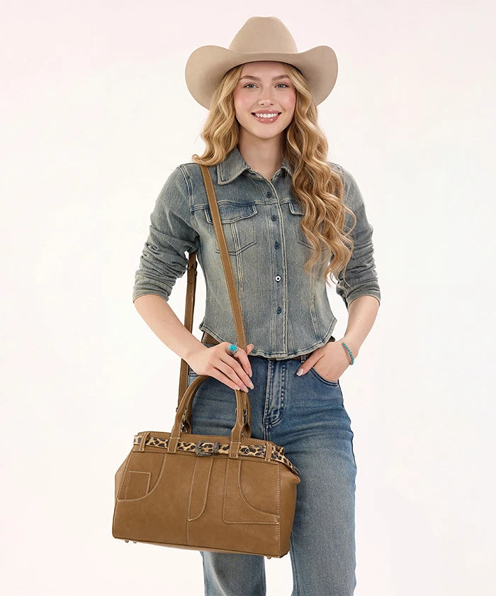 Montana West Leopard Trim Belted Tote in KH