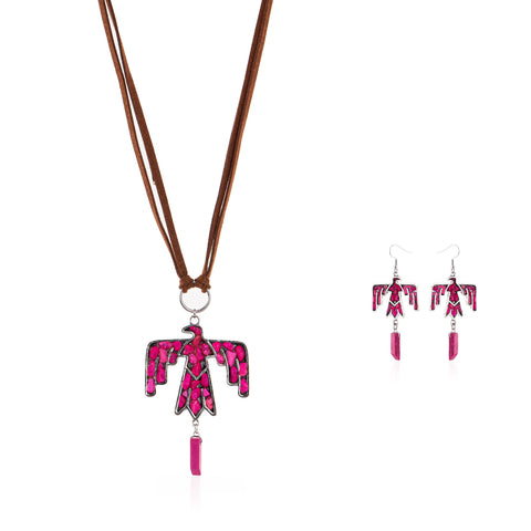 Wrangler Jewelry Sets Thunderbird Pendant Leather Necklace Earrings Set