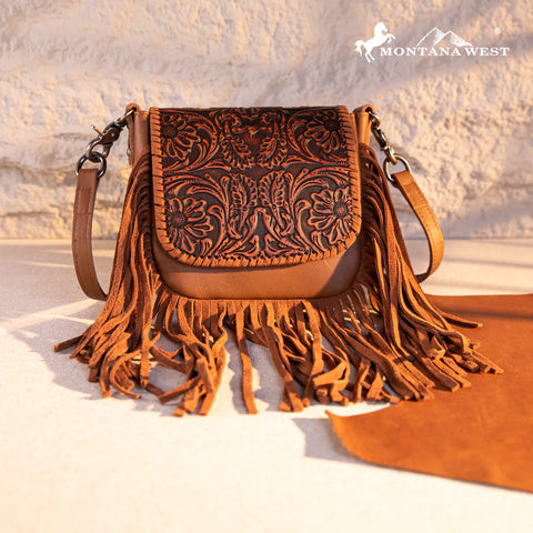 Montana West Genuine Leather Tooled Fringe Crossbody Bag
