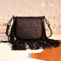 Montana West Genuine Leather Tooled Fringe Crossbody Bag