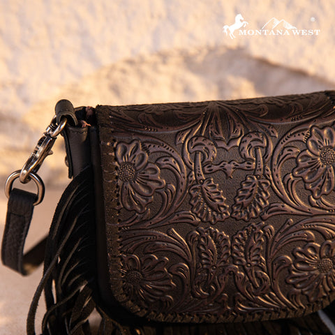 Montana West Genuine Leather Tooled Fringe Crossbody Bag