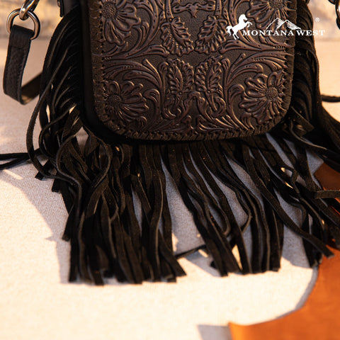 Montana West Genuine Leather Tooled Fringe Crossbody Bag