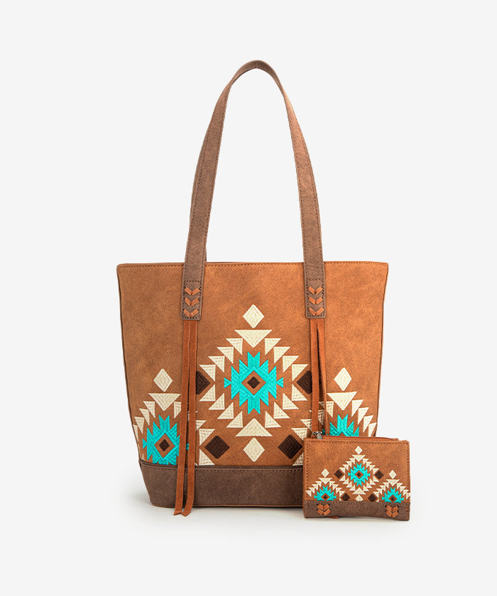 Montana Aztec Embroidered Tote Bag Set Brown