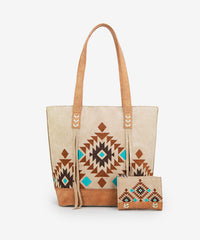 Montana Aztec Embroidered Tote Bag Set Tan 