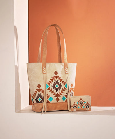 Montana Aztec Embroidered Tote Bag Set Tan 