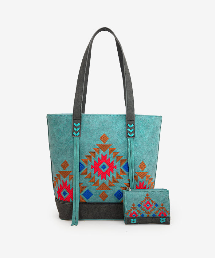 Montana Aztec Embroidered Tote Bag Set Turquoise