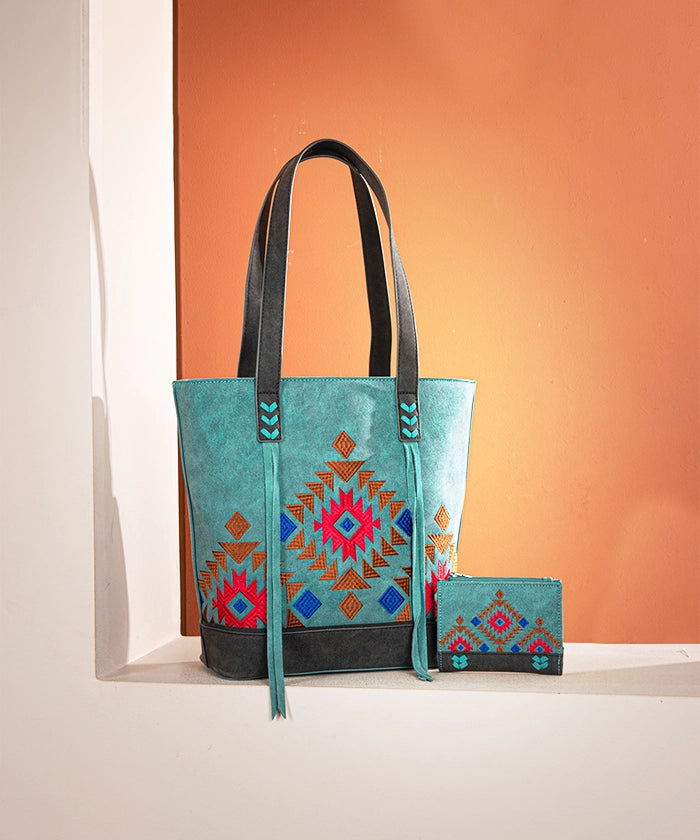 Montana Aztec Embroidered Tote Bag Set Turquoise