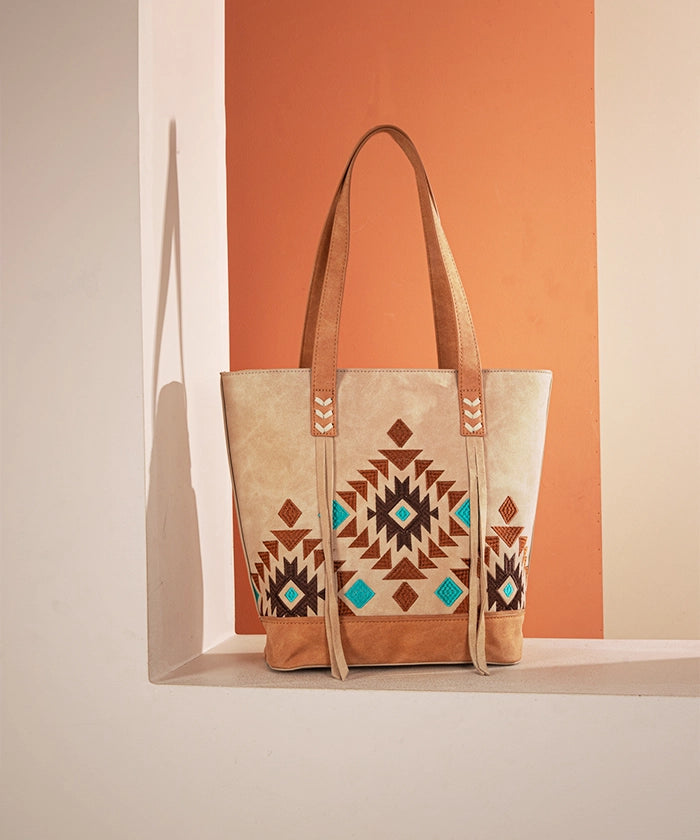 Montana Aztec Embroidered Tote Bag Tan 