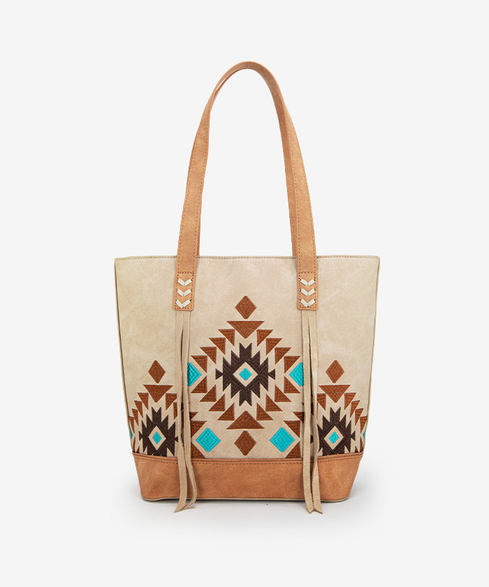 Montana Aztec Embroidered Tote Bag Tan 