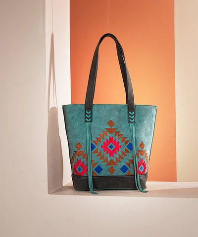 Montana Aztec Embroidered Tote Bag Turquoise