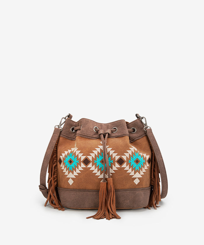 Montana West Aztec Fringe Bucket Bag