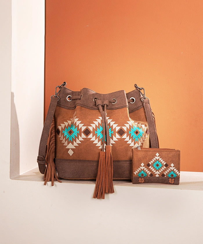 Montana Aztec Fringe Bucket Bag Set Brown