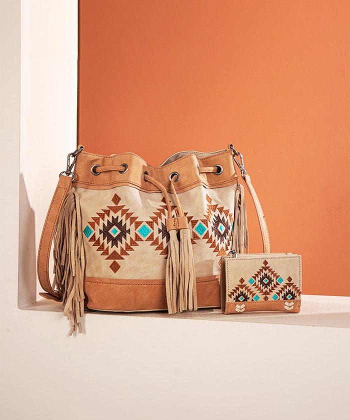 Montana Aztec Fringe Bucket Bag Set Tan