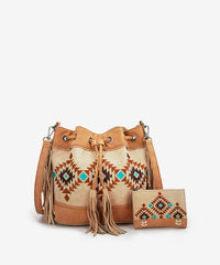 Montana Aztec Fringe Bucket Bag Set Tan