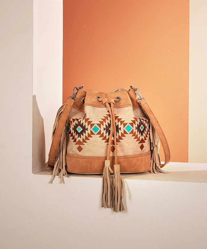 Montana Aztec Fringe Bucket Bag Tan